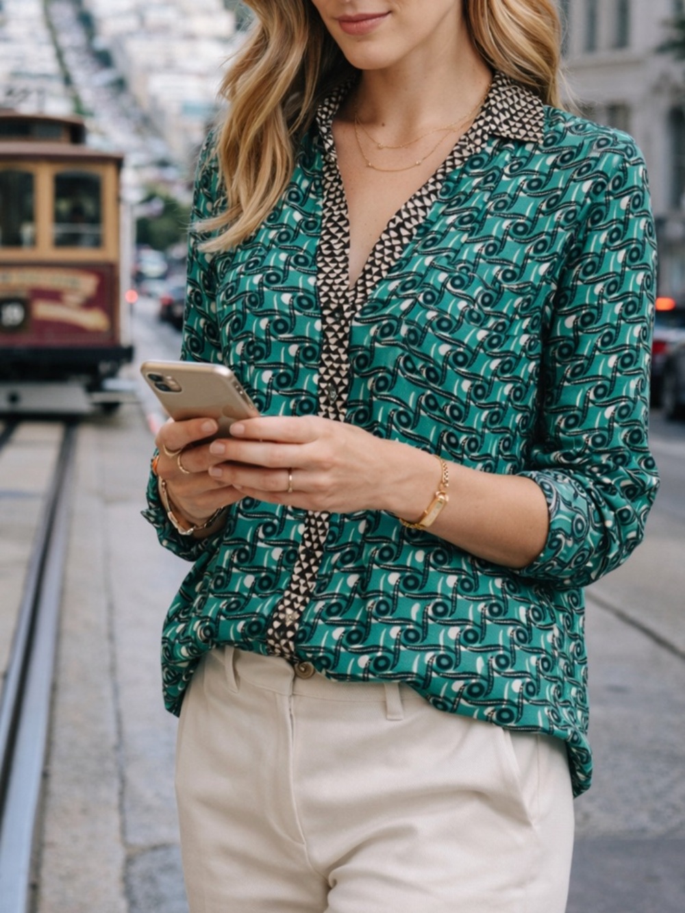 Anthropologie Maeve Casia Henley Green Geometric Button Front Shirt Size Small